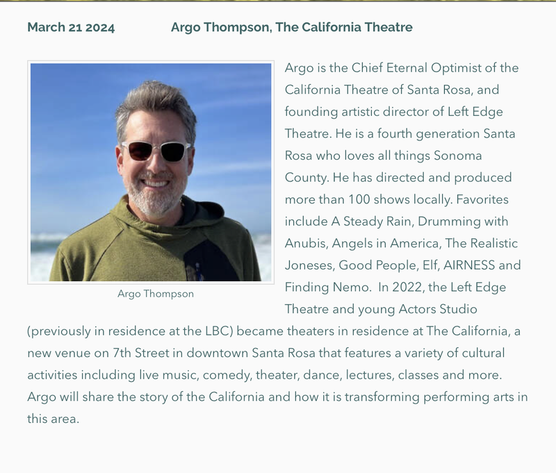 Photo and bio of March 21 Speaker, Argo Thompson from the California Theatre