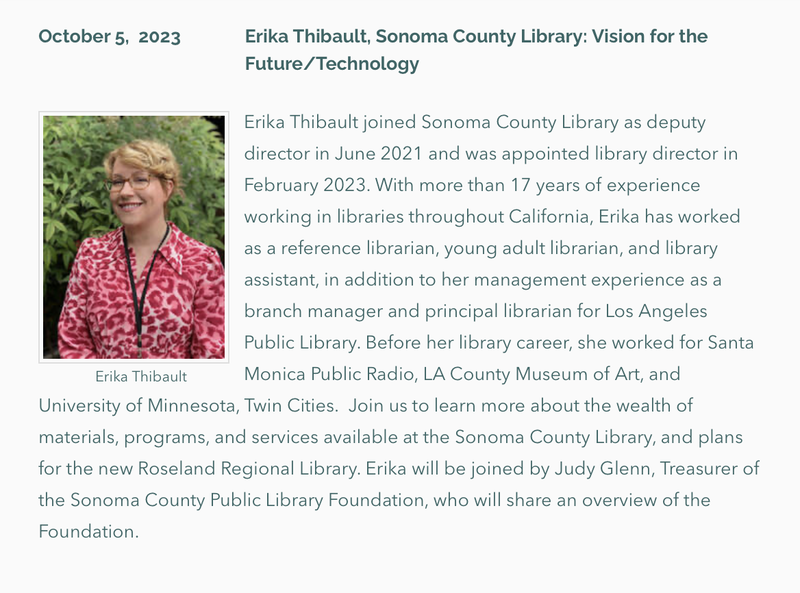 Photo and bio of Oct. 5, 2023 Forum Speaker, Erika Thibault, Sonoma County Library