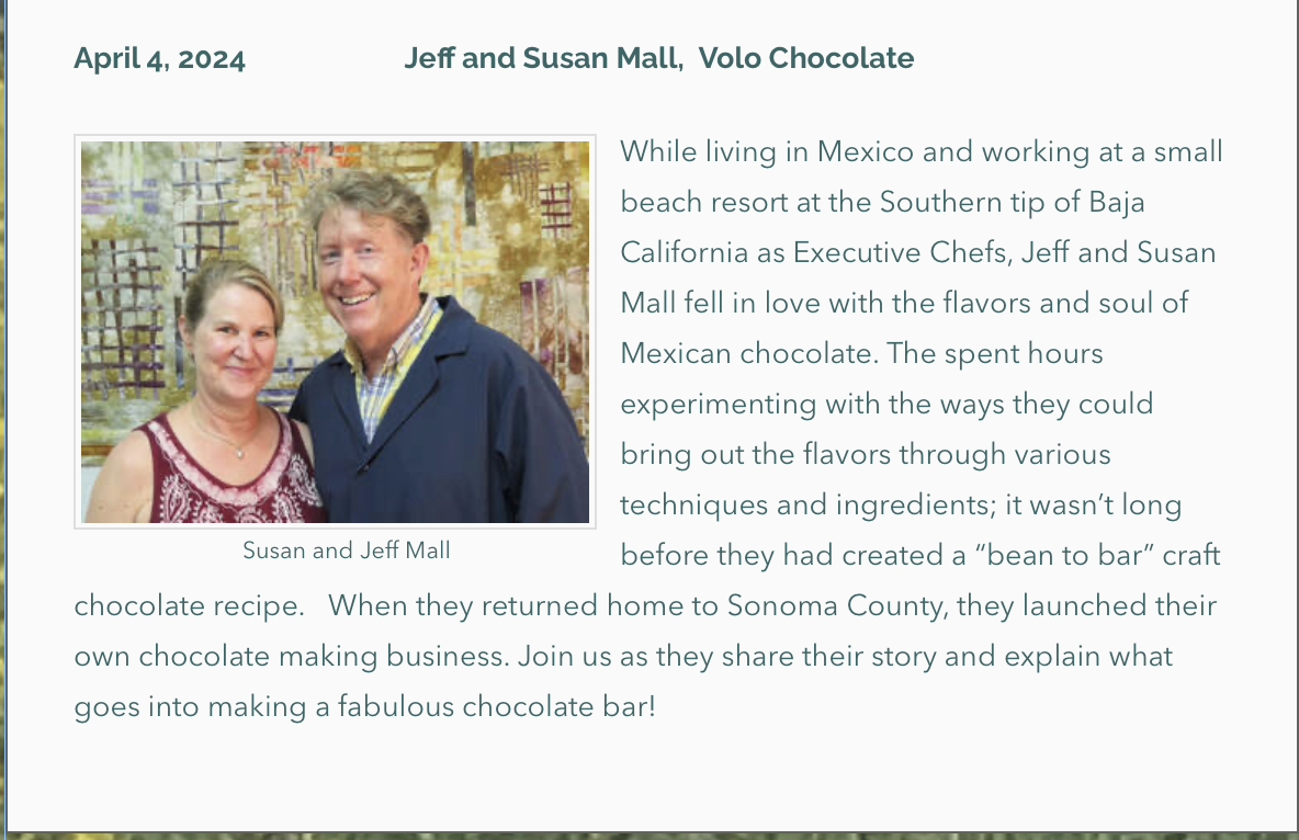 Photo and bio of Forum Speakers April 4, 2024, Jeff & Susan Mall from Volo Chocolates
