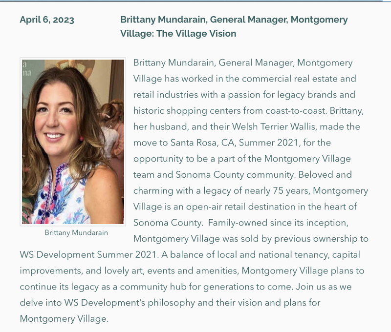 Photo and Bio of Brittany Mundarain, General Manager, Montgomery Village, Forum speaker April 6, 2023.