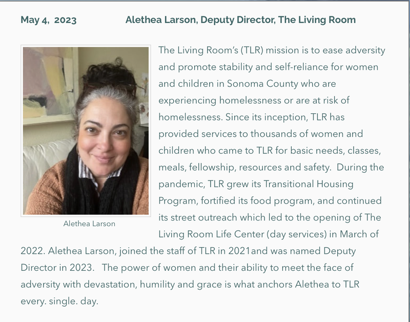 Photo and bio of the Forum Speaker, May 4, 2023: Alethea Larson, Deputy Director, The Living Room