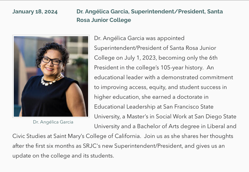 Photo and bio of Jan. 18, 2024 presentation by Dr. Angélica Garcia, Superintendent/Presdient of SRCJ