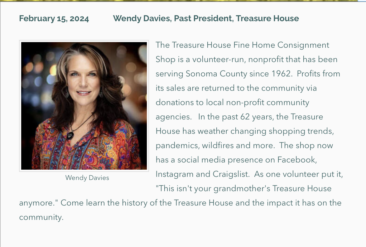 Photo and description of Feb. 15 Forum Speaker: Wendy Davies, The Treasure House