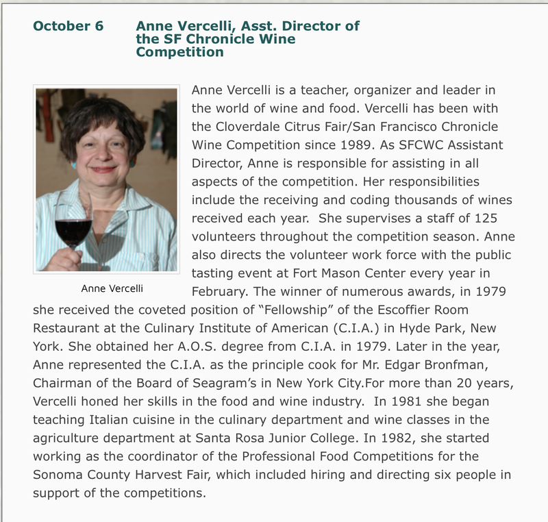 Photo & bio of Anne Vercelli, Asst. Director, SF Chronicle Wine Competition