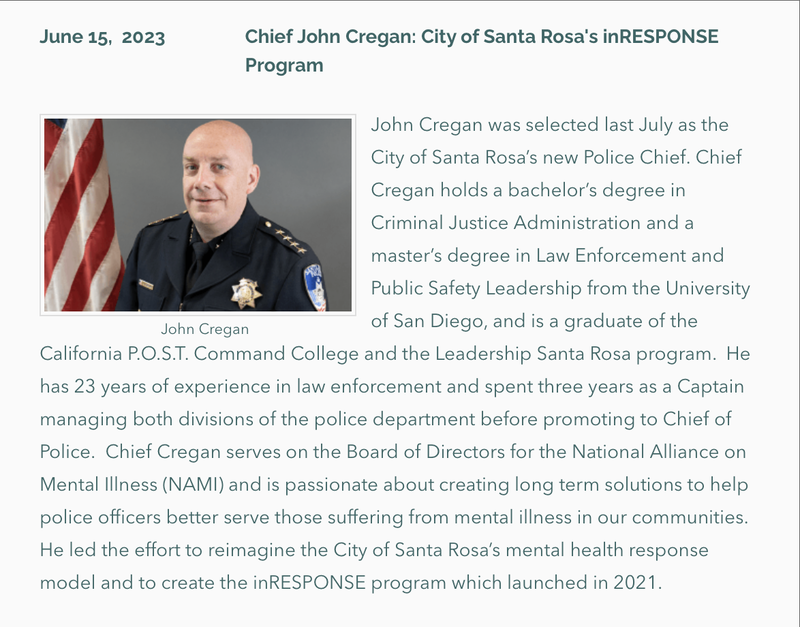 Photo and bio of Chief John Cregan, Forum speaker June 15, 2023