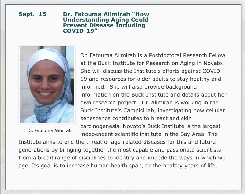 Photo and description of Sept. 15 presentation by Dr. Fatouma Almirah from the Buck Institute