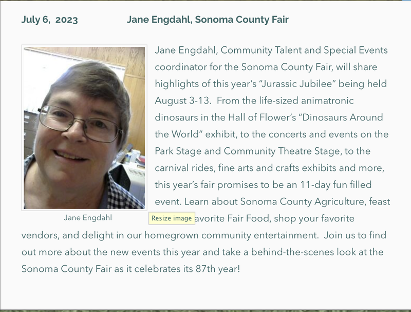 Photo and bio of Jane Engdahl from the Sonoma County Fair, Forum speaker July 6, 2023