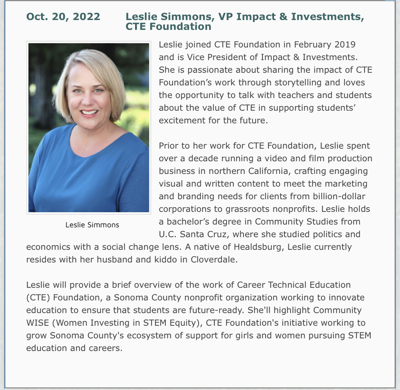 Photo and bio of Leslie Simmons, Forum Speaker on Oct. 20, 2022