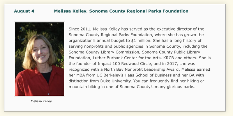 Photo of Aug. 4 speaker: Melissa Kelley, executive director of the Sonoma County Regional Parks Foundation