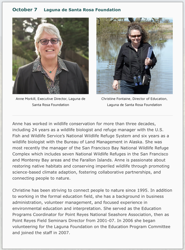 Photos and bio of Oct. 7 Forum speakers: Anne Morkill and Christine Fontaine from the Laguna de Santa Rosa Foundation