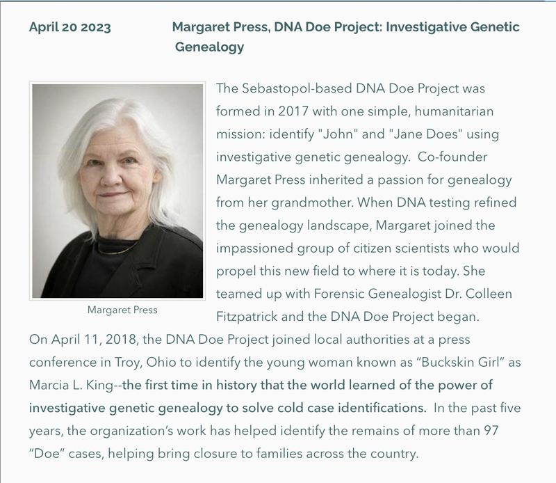 Photo & bio of Margaret Press, DNA Doe Project, Forum Speaker on April 20, 2023, 