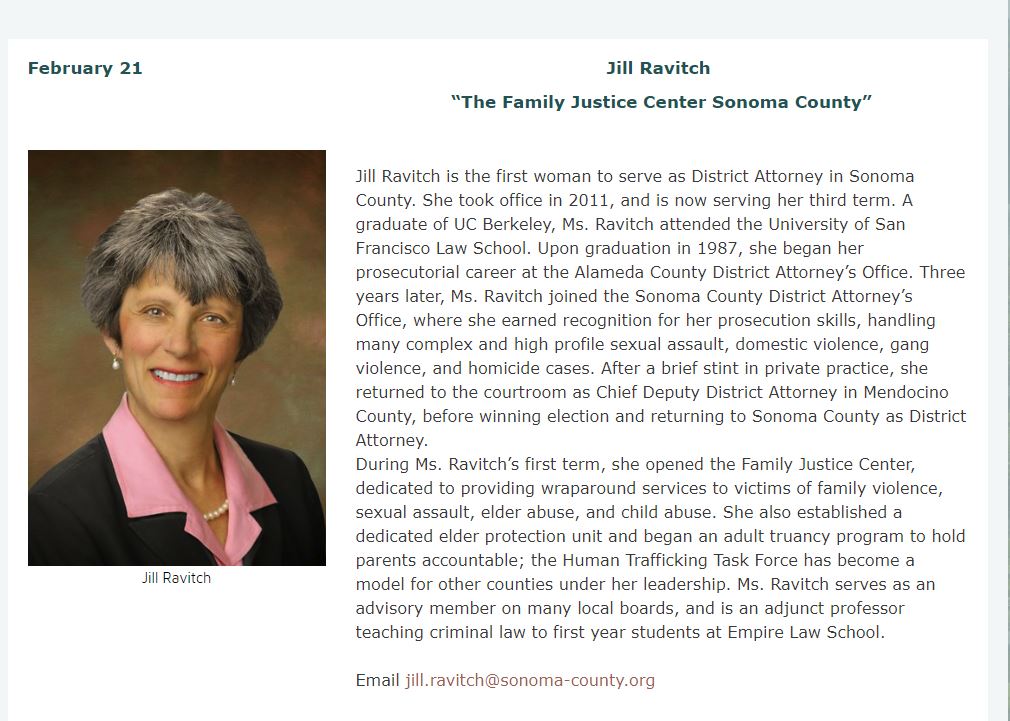Feb. 21 Jill Ravitch

 “The Family Justice Center Sonoma County”