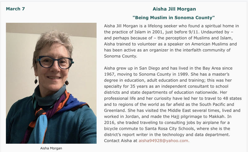 March 7: Aisha Jill Morgan, "Being Muslim in Sonoma County"
