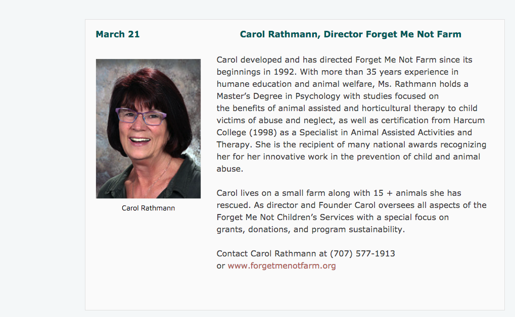 March 21: Carol Rathmann, Director, Forget Me Not Farm