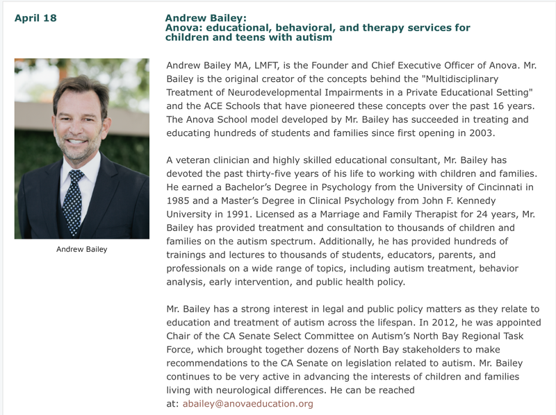 April 18: Andrew Bailey: Anova-educational, behavioral, and therapy services for children and teens with autism
