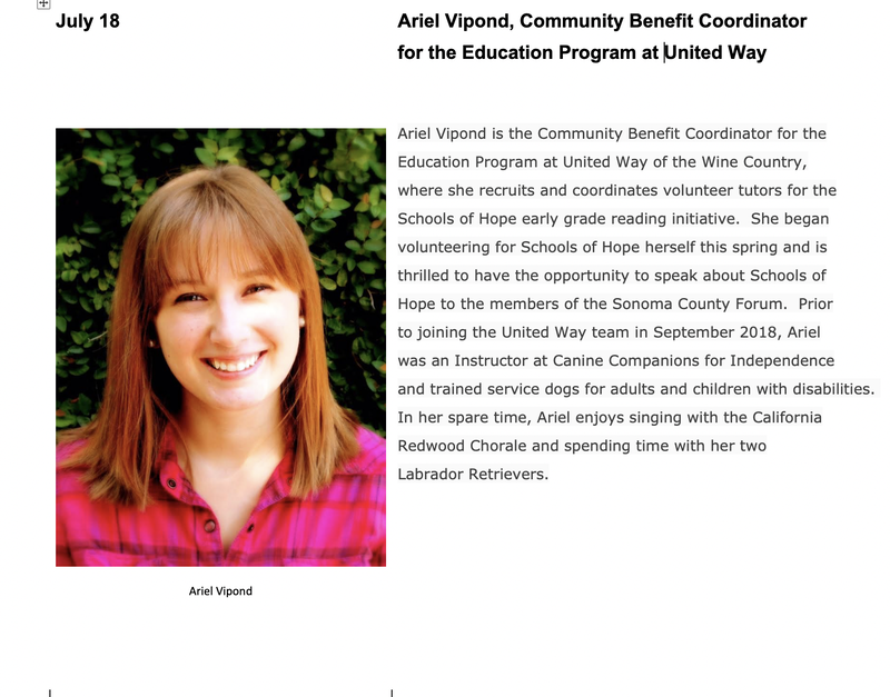 July 18: Ariel Vipond, Community Benefit Coordinator for the Education Program at United Way.