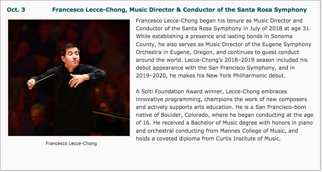 Oct.3: Francesco Lecce-Chong, Music Director & Conductor of the Santa Rosa Symphony