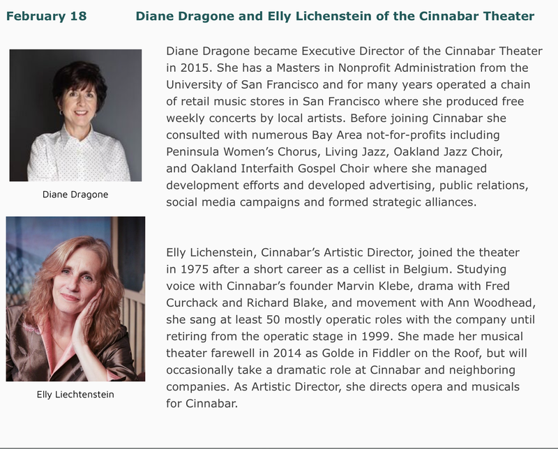 Photos of Feb. 18 Forum Speakers: Diane Dragone and Elly Lichenstein of the Cinnabar Theater with bios.