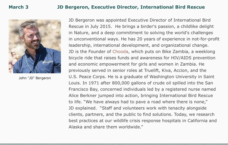 Photo of JD Bergeron and description of International Bird Rescue.