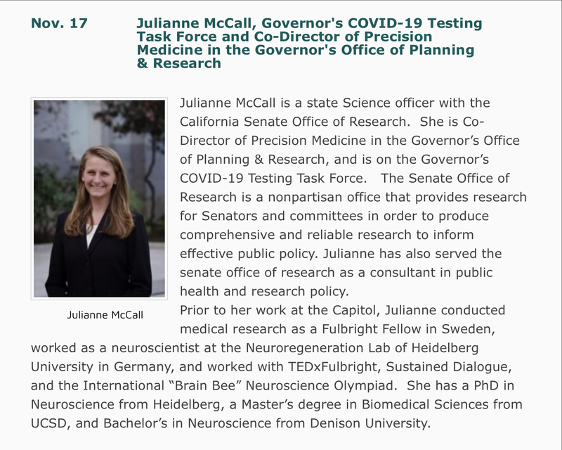 Photo and bio of Julianne McCall, Governor's COVID-19 Testing Task Force and Co-Director of Precision Medicine in the Governor's Office of Planning and Research
