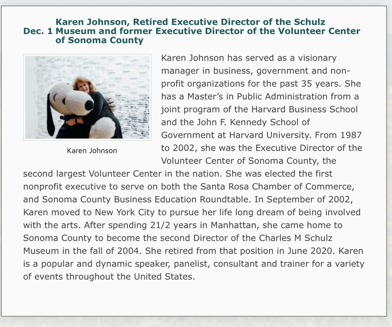 Photo and bio of Karen Johnson, Retired Executive Director of the Schulz Museum and former Executive Director of the Volunteer Center of Sonoma County