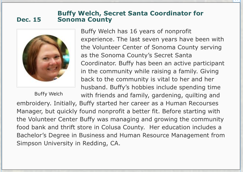 Image and description of Dec. 15 speaker: Buffy Welch, Secret Santa Coordinator for Sonoma County