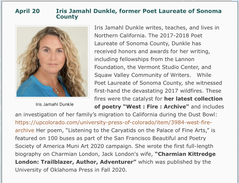 Photo and bio of Iris Jamahl Dunkle, Homer Poet Laureate of Sonoma County