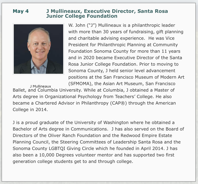 Photo and bio of J Mullineaux, Executive Director, Santa Rosa Junior College Foundation