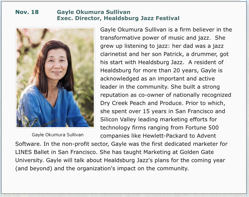 Photo and bio of Nov. 18 speaker: Gayle Okumura Sullivan, Exec. Dir. Healdsburg Jazz Festival