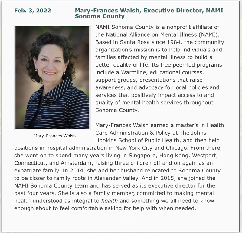 Photo and bio of Feb. 3 speaker: Mary-Frances Walsh, Executive Director of NAMI Sonoma County
