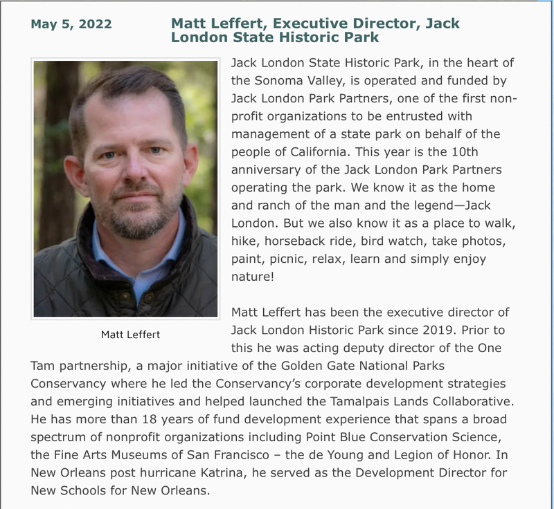 Photo and bio of Matt Leffert, Jack London Historical Park, Forum speaker on May 5, 2022
