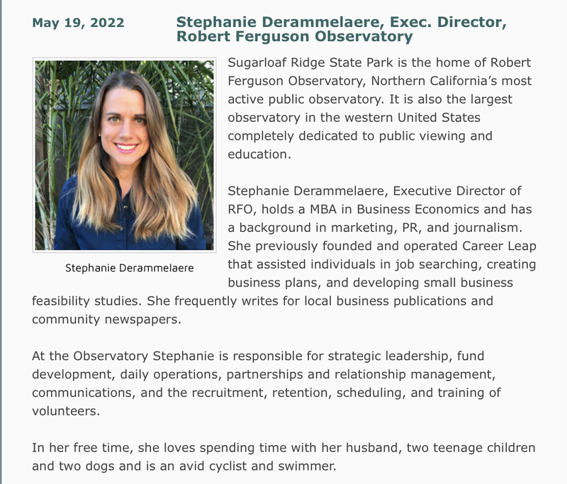 Photo and bio of Stephanie Derammelaere, Exec. Director, Robert Ferguson Observatory, May 19, 2022 Forum Speaker