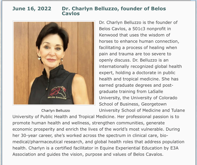 Photo and bio of Dr. Charlyn Belluzzo, founder of Belos Carlos, Forum Speaker June 16