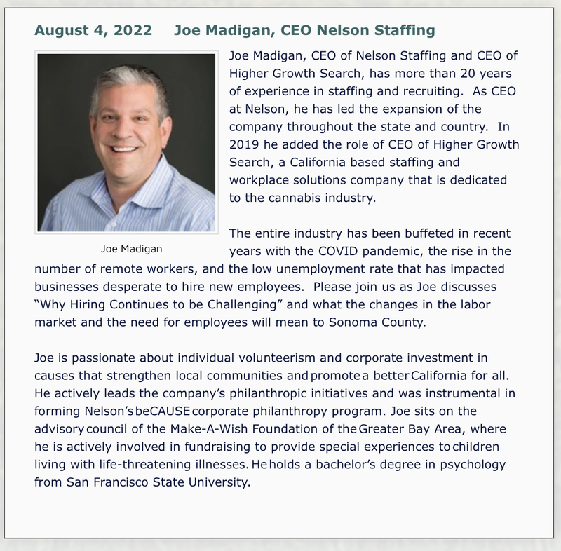 Photo and bio of Joe Madigan, CEO Nelson Staffing, the Forum Speaker August 4, 2022