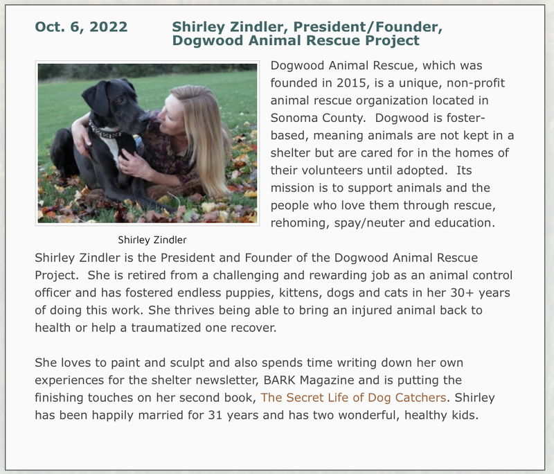 Photo and bio of Oct. 6 Forum Speaker: Shirley Zindler, founder and president of the Dogwood Animal Rescue Project