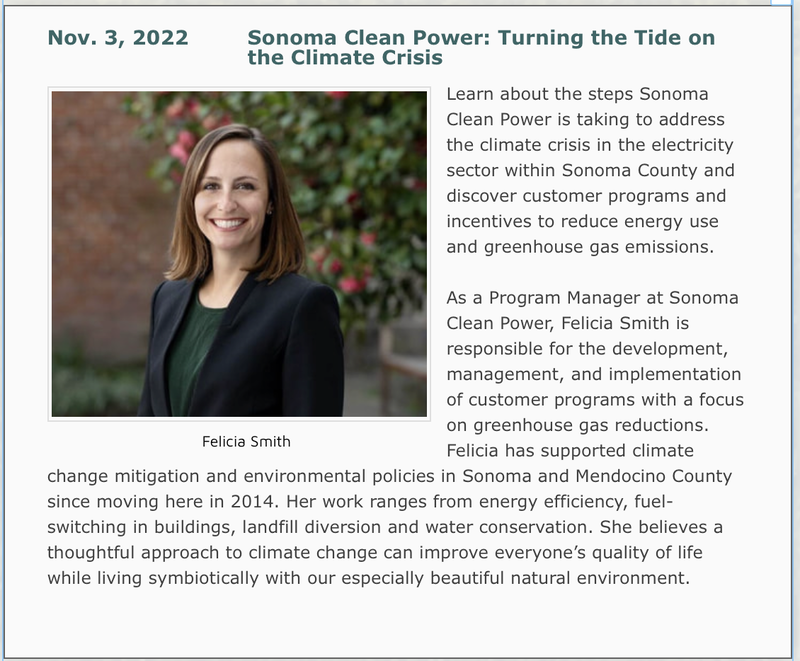 Photo and bio of Nov. 3 speaker: Felicia Smith from Sonoma Clean Power, 
