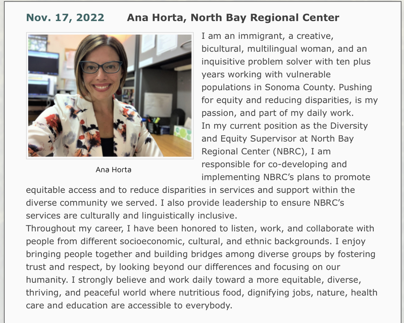 Photo and bio of Ana Horta from the North Bay Regional Center, Forum speaker Nov. 17, 2022