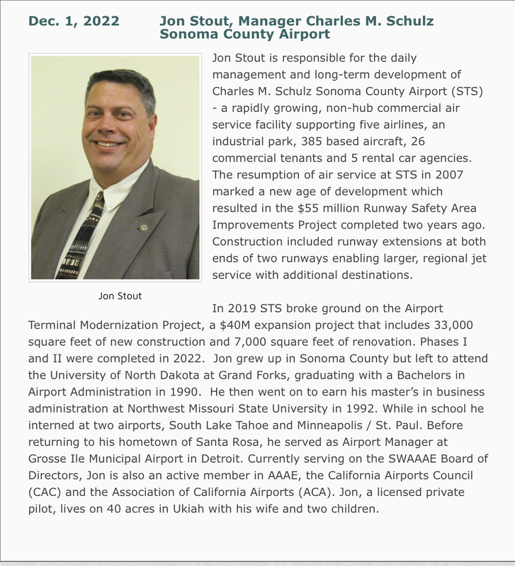 Photo and bio of Jon Stout, Charles M. Schulz-Sonoma County Airport Manager, Forum speaker on Dec. 1