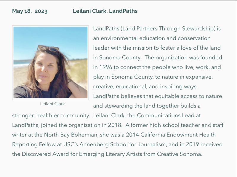 Photo & bio of Leilani Clark, LandPaths, Forum speaker on May 18, 2023