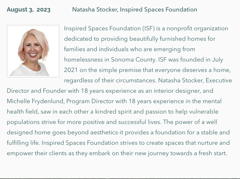 Photo and description of Forum Speaker August 3, 2023: Natasha Stocker, Inspired Spaces Foundation