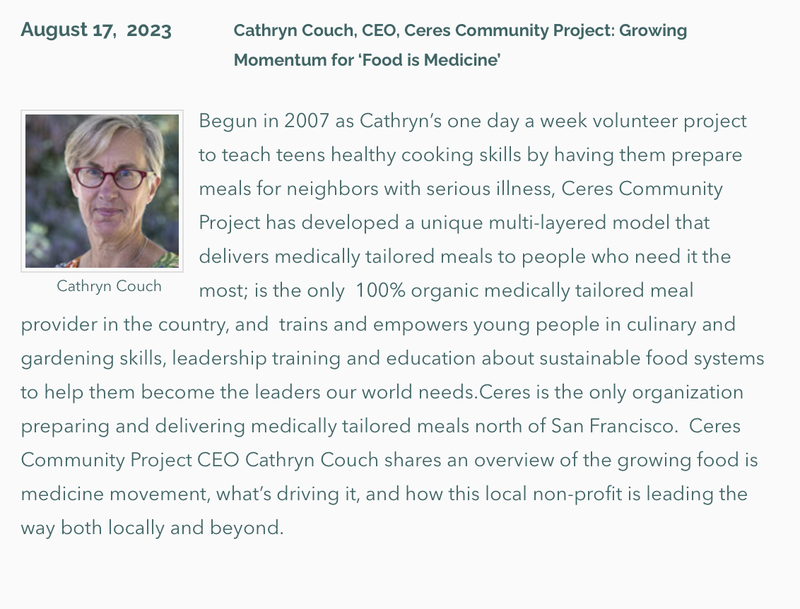 Photo and description of Forum Speaker August 17, 2023: Cathryn Couch, CEO, Ceres Community Project