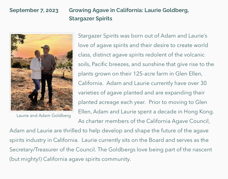 Photo and description of Forum Speaker Sept. 7: Laurie Goldberg, Stargazer Spirits: Growing Agave in California
