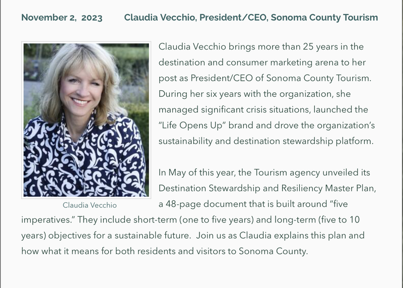 Photo & bio of Forum Speaker Nov. 2, 2023: Claudia Vecchio, President/CEO of Sonoma County Tourism