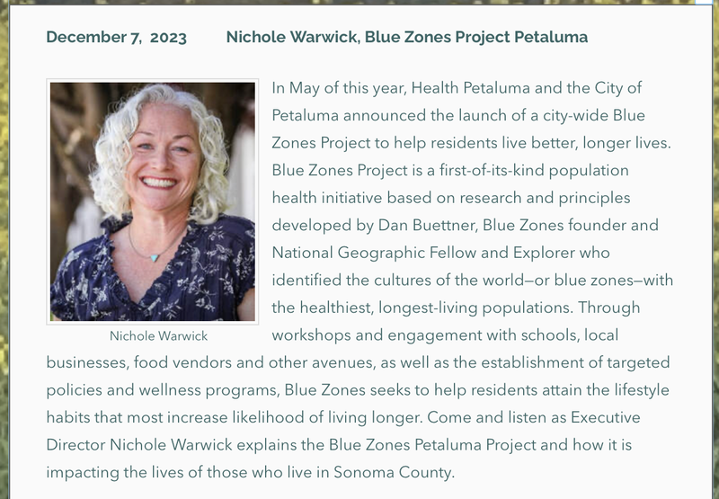 Photo and bio of Nichole Warwick, Exec. Director of the Blue Zones Project Petaluma, Forum Speaker Dec. 7, 2023.