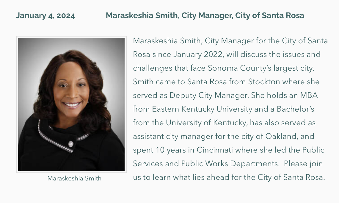 Photo and description of Jan. 4, 2024 presentation by Maraskeshia Smith, City Manager, City of Santa Rosa CA
