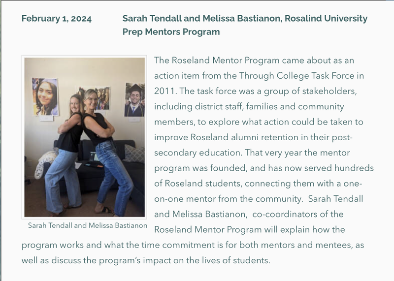 Photo and bio of Feb. 1 speakers: Sarah Tendall and Melissa Bastianon, coordinators of the RUP Mentors Program