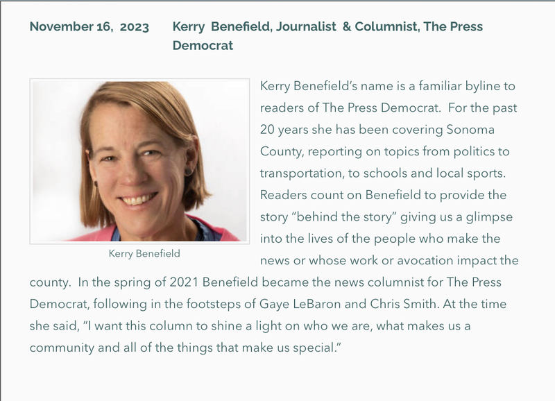 Photo and bio of Forum Speaker Nov. 16, 2023: Kerry Benefield, The Press Democrat