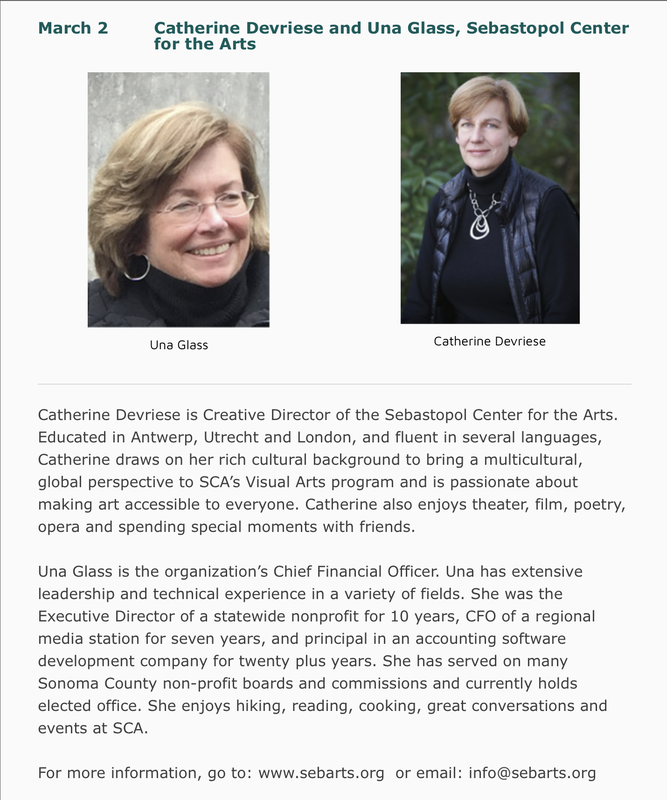 Photos and bio of March 2 speakers: Catherine Devriese and Una Glass, Sebastopol Center for the Arts