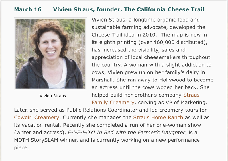 Photo and description of March 16 speaker, Vivien Strauss, founder of the California Cheese Trail